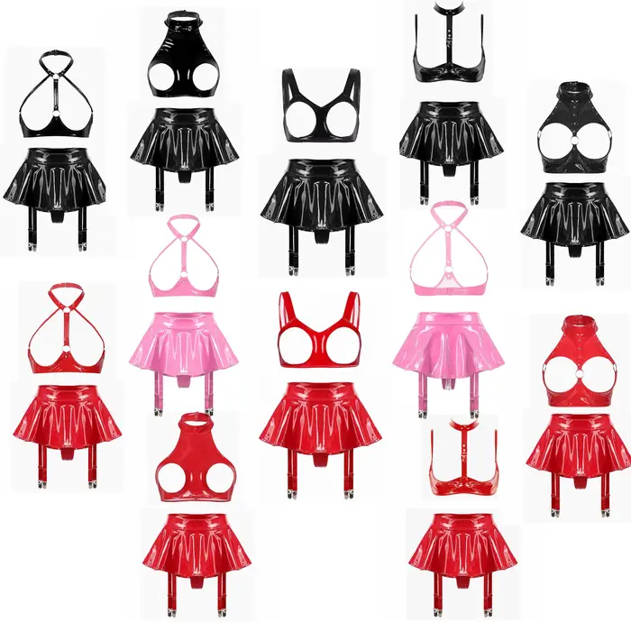 Ensemble de lingerie sexy pour femme en cuir verni effet mouillé, soutien-gorge sexy sans armatures à bonnets ouverts avec volants, strings intégrés, porte-jarretelles et mini-jupes
