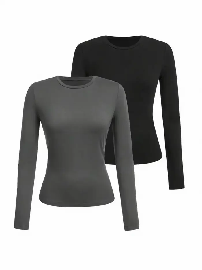 T-shirt femme manches longues couleur unie - Tissu tricoté polyester, col rond, coupe régulière, sty