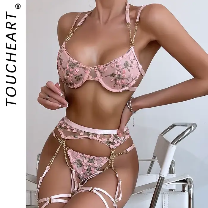 Dámska šnurovacia podprsenka a nohavičky, sexy spodná bielizeň set, kvetinová výšivka, degradované priehľadný spodné prádlo, Boho podprsenka a nohavičky set, intímne, 2 kusy
