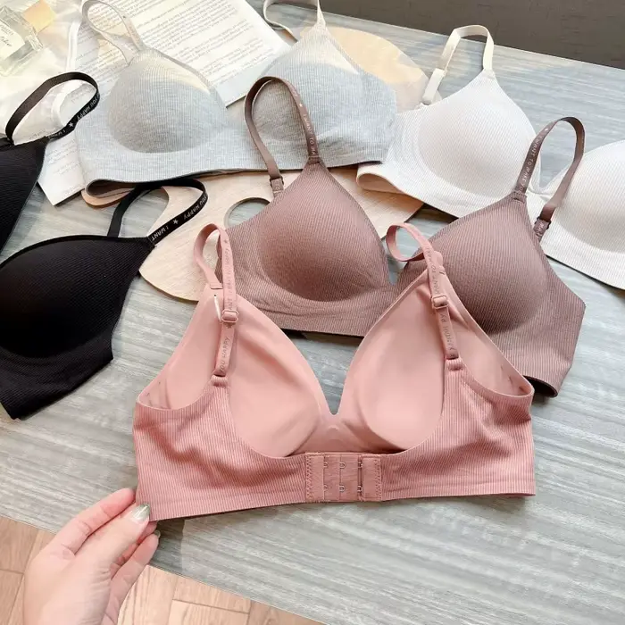 Soutien-gorge sans armatures côtelé pour femmes, bretelles réglables à imprimé lettres, bralette avec coussinets amovibles, sous-vêtement doux, lingerie quotidienne, tailles S-XL