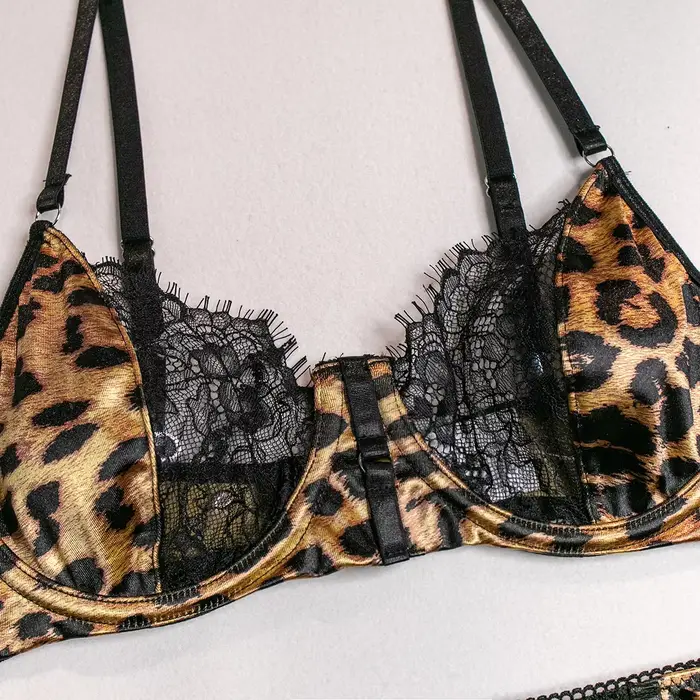 Sexy leopard tlačené čipky spodná bielizeň set pre ženy, podprsenka a nohavičky, exotické oblečenie každý deň ,,