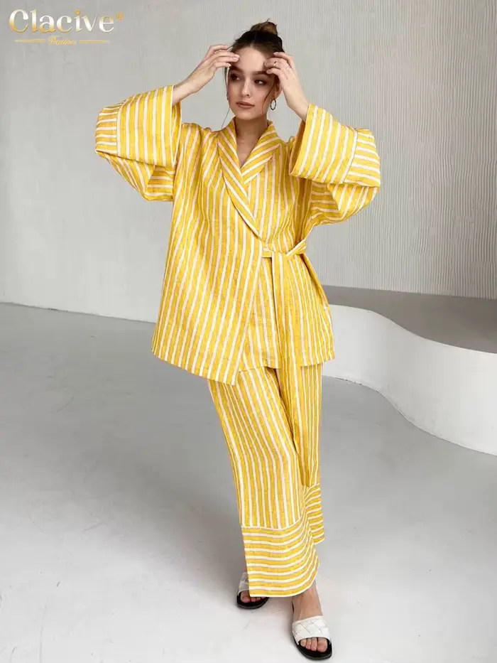 ClacMarkets-Costumes de maison à rayures jaunes décontractés pour femmes, ensemble 2 pièces, chemise
