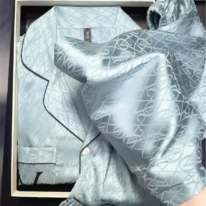 Zelená tlač pyžamový set, dlhé rukávy, dámske oblečenie na spanie, luxusné, rayon, domáce oblečenie, písmeno V, relaxačné oblečenie, 2 kusy
