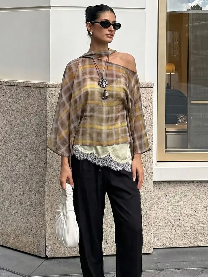 HH femmes mode Plaid imprimé Blouse Vintage décontracté ample asymétrique ourlet hauts avec écharpe 