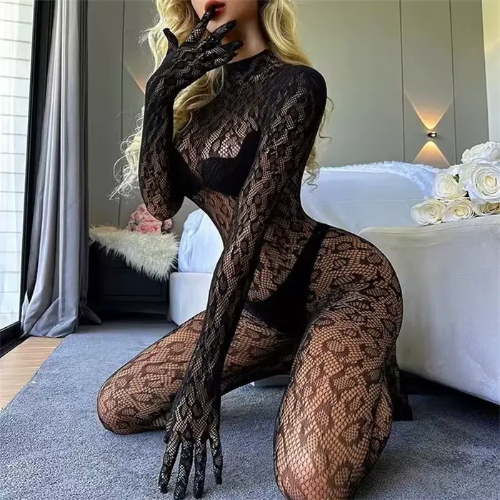 Ženy Sexy leopardí sieťovaný body s dlhými rukávmi priesvitná čipka Lingerie