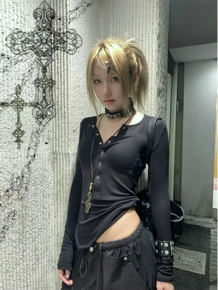 Tonngirls Y2k japonais t-shirt femmes dentelle à manches longues imprimé graphique hauts Streetwear 