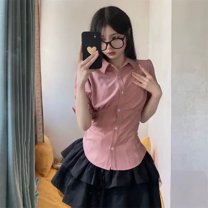 Chemises à Manches Courtes pour Femme, Slim, Plissé, Doux, Mignon, Preppy, Style Japonais, Y2k, Vête