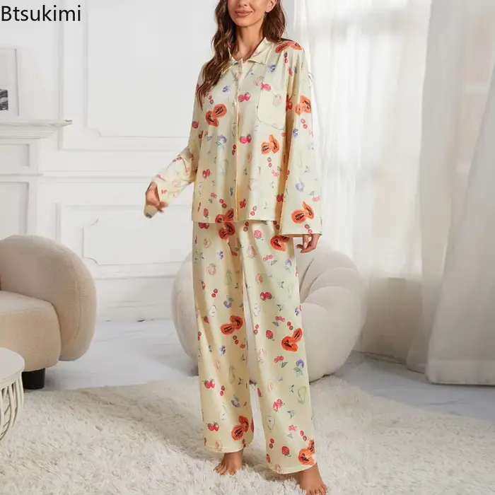Dámske kvetinové tlače príležitostné pyžamo Set, košeľa s dlhým rukávom tlačidlá s voľným vreckom a širokými nohavicami nohavice, Sleepwear, 2026