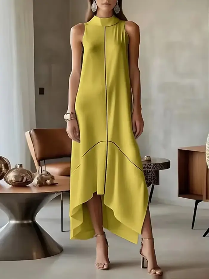 UOOZEE 2025 nouveau bureau urbain femme formel col haut Maxi robes sans manches asymétrique élégant 