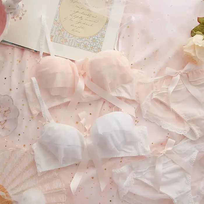 Japonská ruffled podprsenka a nohavičky set, roztomilý študent spodné prádlo set, Kawaii Lolita podprsenka, ružová spodná bielizeň podprsenka