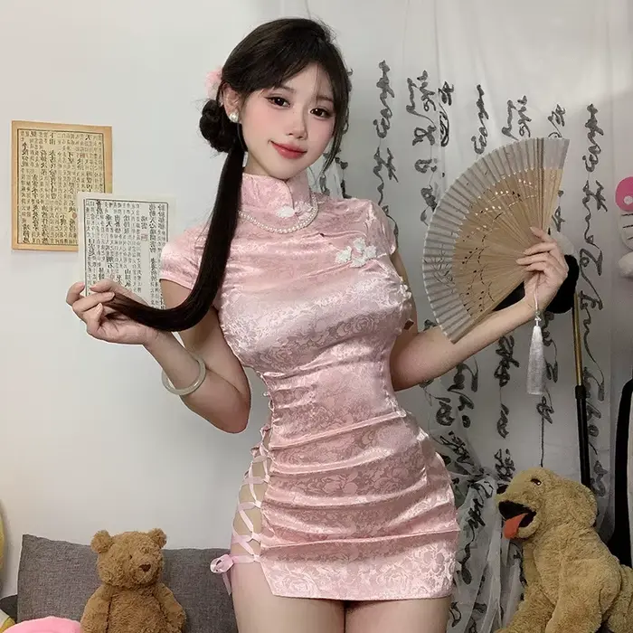 Robe Cheongsam chinoise, Mini Lingerie Sexy, côtés fendus, cordon de serrage, ajustement serré, uniforme de fesses, robe courte de Club