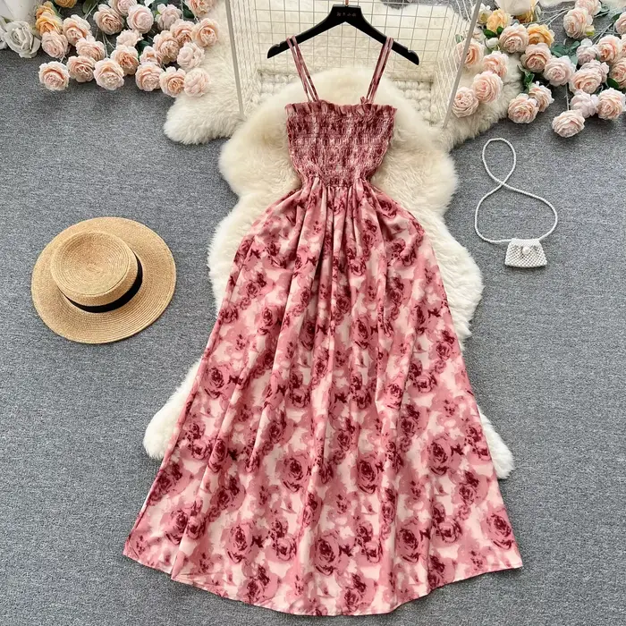 Robe longue d'été à imprimé de fleurs de roses, mode coréenne, romantique, rétro, robe de soirée, él