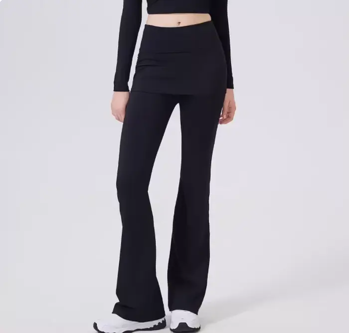 Pantalon faux deux pièces à taille haute légèrement évasé avec jupe intégrée pour femmes, idéal pour