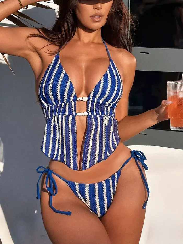 Vintage trojuholník 2026 modré pruhované dvojdielne bikiny zdobené kameňmi push-up top krátke plážové plavky pre ženy špeciálne príležitosti