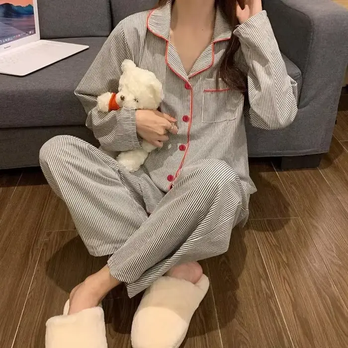 Dámske pyžamo s dlhým rukávom nohavice letné šedá pruhované sveter nočné oblečenie ležérne dva kusy Set Dámske nočné oblečenie Homewear