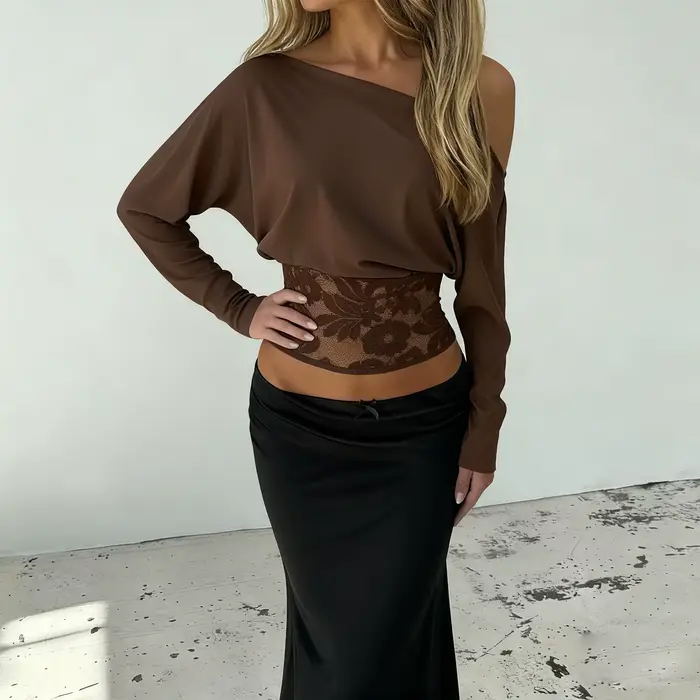 SUCHCUTE elegantné odhalené ramená čipka zdobená definovaný pás retro streetwear pevný dlhý rukáv tričko p