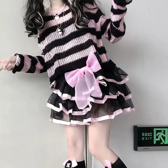 Karrram rose rayé gothique chandails femmes déchiré trous lâche tricoté pull effiloché fée Grunge pu
