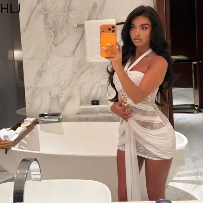 HLJ Sexy šaty s golierom pre ženy, hladká pletená priehľadný, bez rukávov, bez chrbta, pre klub, party, narodeniny, Vestidos