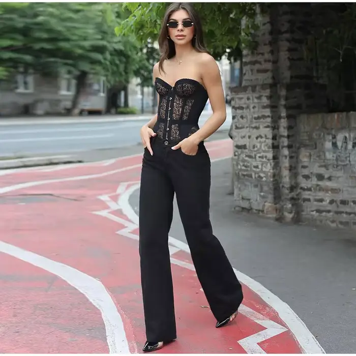 Dámsky vykostený oceľový korzet s gombíkmi na prednej strane a šnurovaním na zadnej strane, čipka a sieťovina bez ramienok, Sexy, Gothic, Club Wear móda