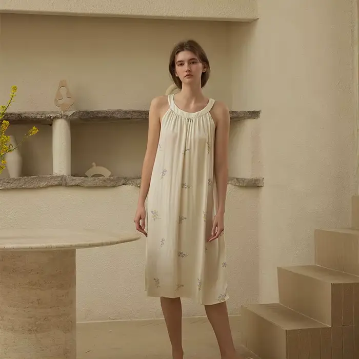 Robe de nuit mi-longue à imprimé doux pour femmes, robe de nuit en coton initiée, vêtements d'intéri