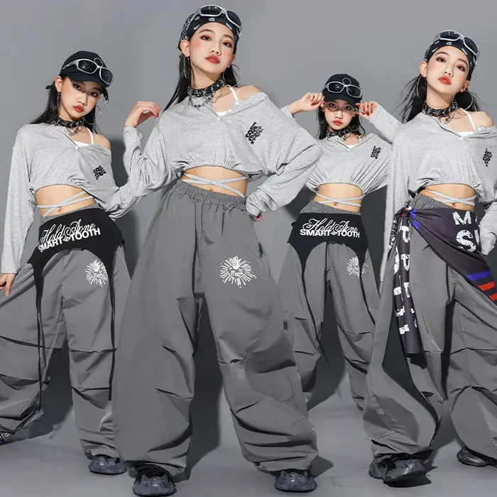 Crop top à lettres K-pop pour filles, pantalon cargo, streetwear pour enfants, costume de groupe de 