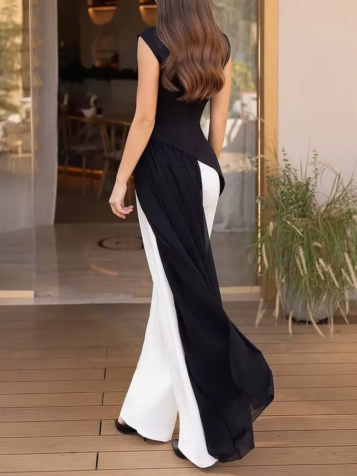 TWOTWINSTYLE solide minceur épissé plis Blouses irrégulières pour les femmes col rond sans manches t