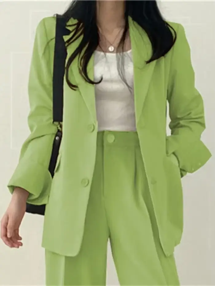 Dámske elastan Polyester sako a nohavice Set, Stredná veľkosť, rebrovaný golier sako, široké nohavice nohavice, moderné fit, jarné letné obdobie, profesionálne príležitosti