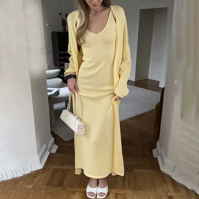 Tuularose dámske dlhé šaty 2-dielne jednofarebné pletené so špagetovými ramienkami a dlhými rukávmi Cardigan set ležérny