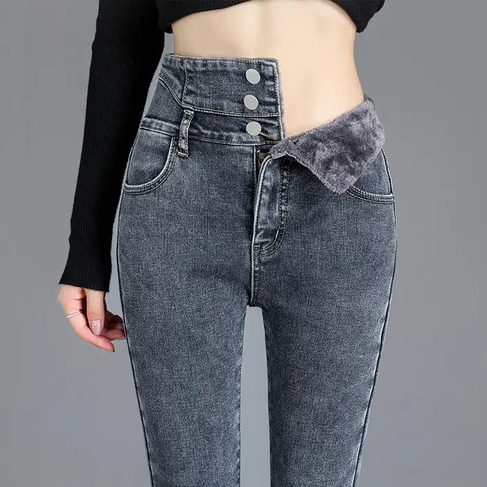 Thermique hiver épais polaire taille haute chaud jean moulant épais femmes Stretch bouton crayon pan