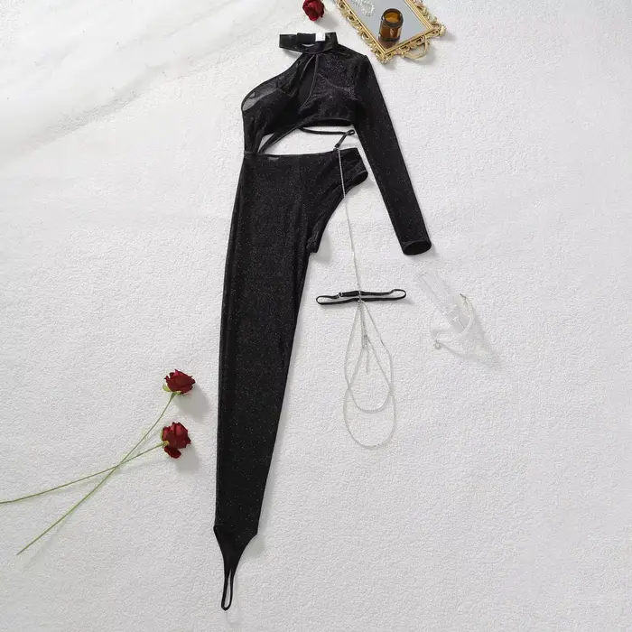 Lingerie sexy et chaude, body fin à col halterneck ajouré avec fil argenté, design asymétrique et ép
