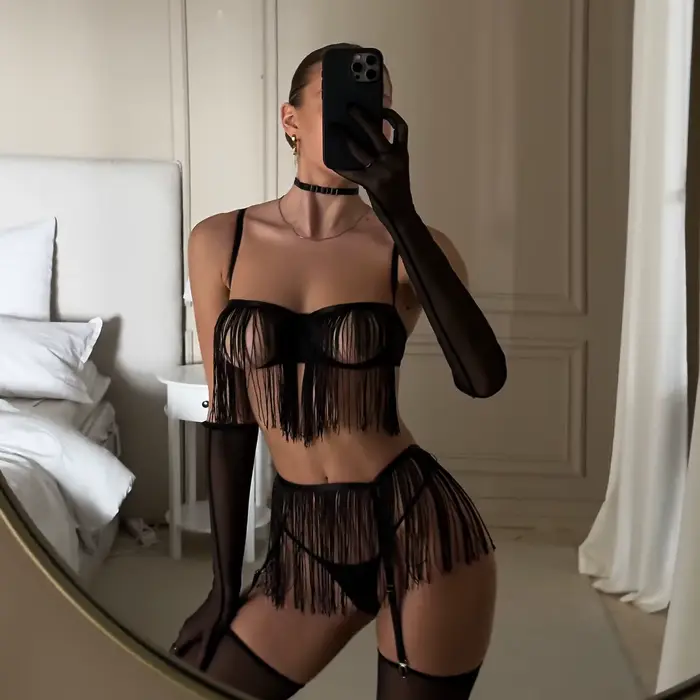 Luxusná erotická bielizeň pre ženy s pompoms, sexy spodná bielizeň, 8 kusov, ultra-zmyselná priehľadná podprsenka a nohavičky s podväzkovým pásom, intímne spodné prádlo