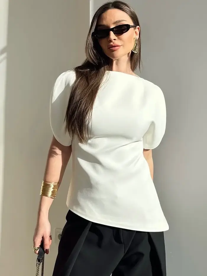 SLTNX T-shirts noirs décontractés et chics à manches courtes bouffantes pour femmes, hauts droits à