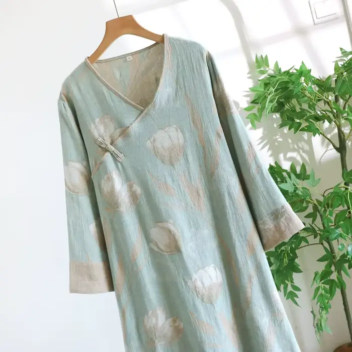 nočná košeľa v čistom bavlnenom farbenom vlákne Čínsky štýl pre ženy, relaxačné oblečenie v jemnej gáze, retro, s dlhými rukávmi, v-neck, voľné, jeseň