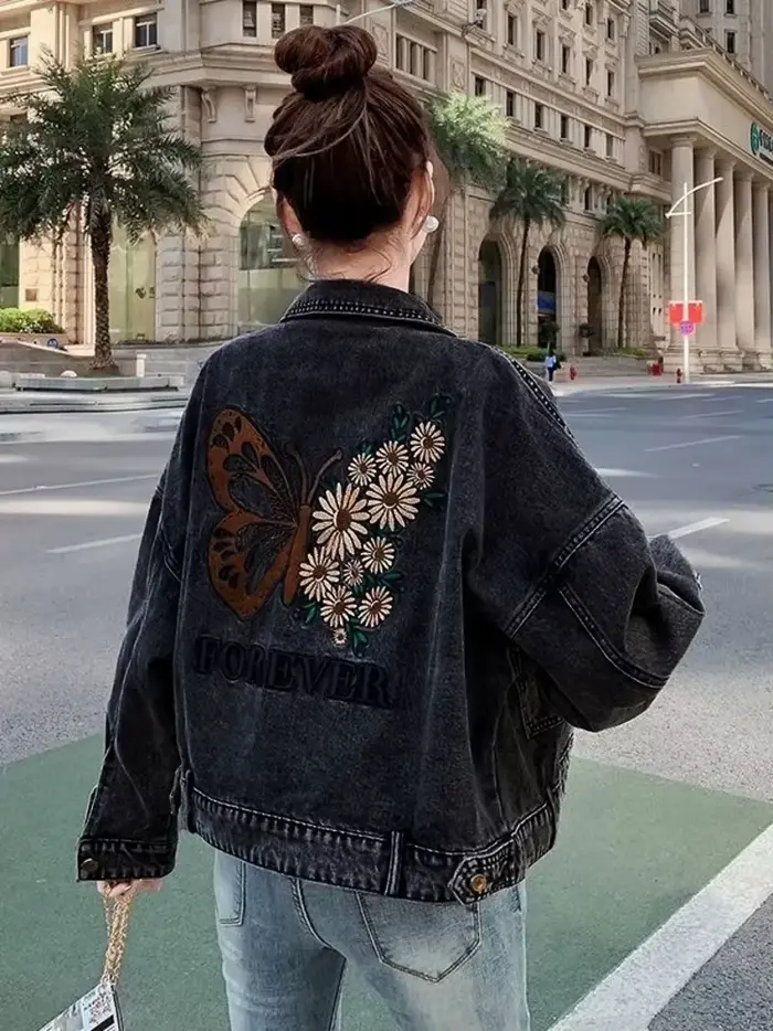 Veste en jean décontractée pour femme, papillon, fleur, lettre brodée, manteau en coton, bouton d'ex