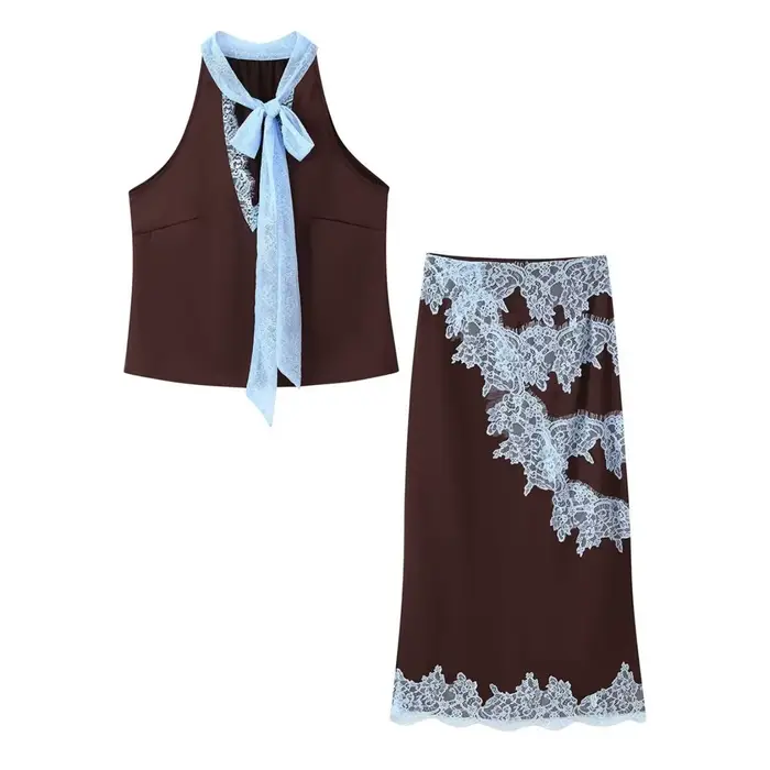 Femmes printemps été nouveau Sexy dentelle broderie épissage jupe ensemble femme élégant col en v à 