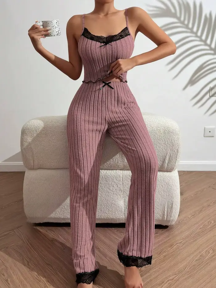 Ensemble pyjama en dentelle pour femmes, Camisole pleine longueur en Polyester, bandes à gratter, vê