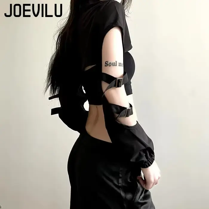 JOEVILU Dámske Cyberpunk Goth Harajuku Úroda Dlhé Rukávy Vystrihnuté Zips Tričko Y2K Grunge Streetwear