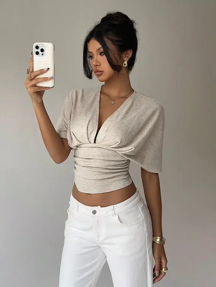 T-shirt d'été à manches courtes pour femmes, abricot, décolleté en V profond, ajusté