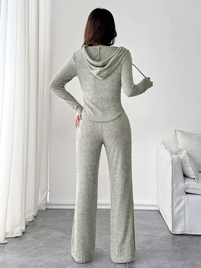 Ensemble haut à capuche et pantalon évasé ample pour femmes, couleur unie, à la mode, décontracté, à