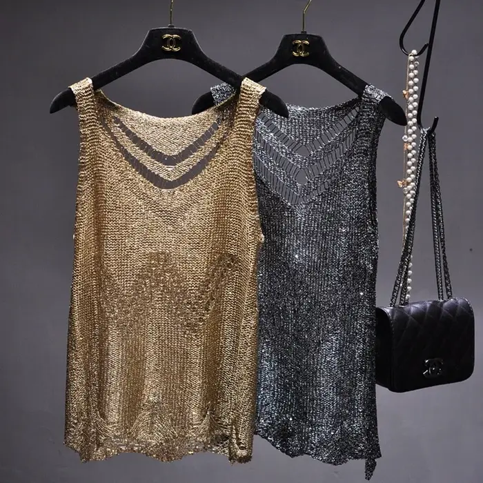 Paillettes Sexy évider soie légère Condole ceinture gilet or sans manches tricot manteau haut Mujer 