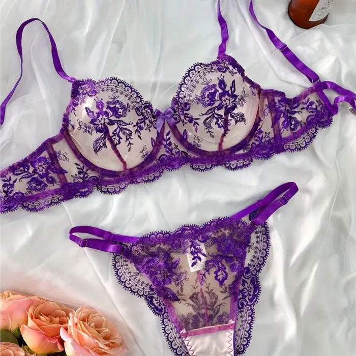 Čipka vyšívané spodná bielizeň Set, priehľadné tylové spodné prádlo, nastaviteľné popruhy, kvetinové Fancy, štúdio zakrivené dámske Boudoir