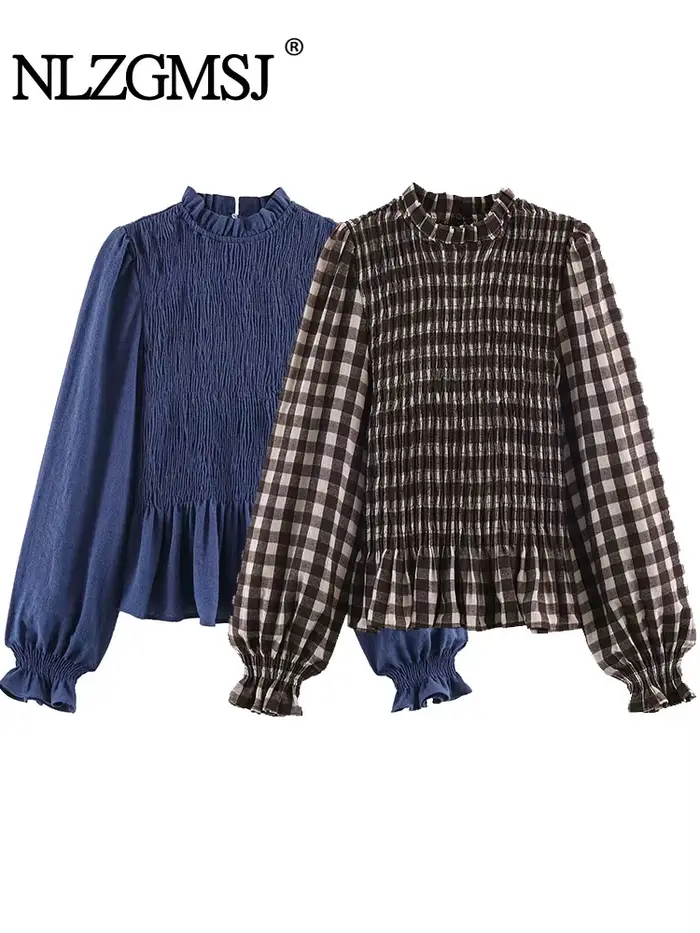 Nlzgmsj 2025 Vintage Chic marron chemises à carreaux femmes à manches longues Blouses pli mode décon