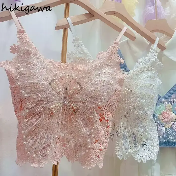 Dámske ťažké perlové tielko s kvetinovým vzorom Sexy kultúrne topy Ropa Mujer čipka motýľ top odhaľujúci pupok
