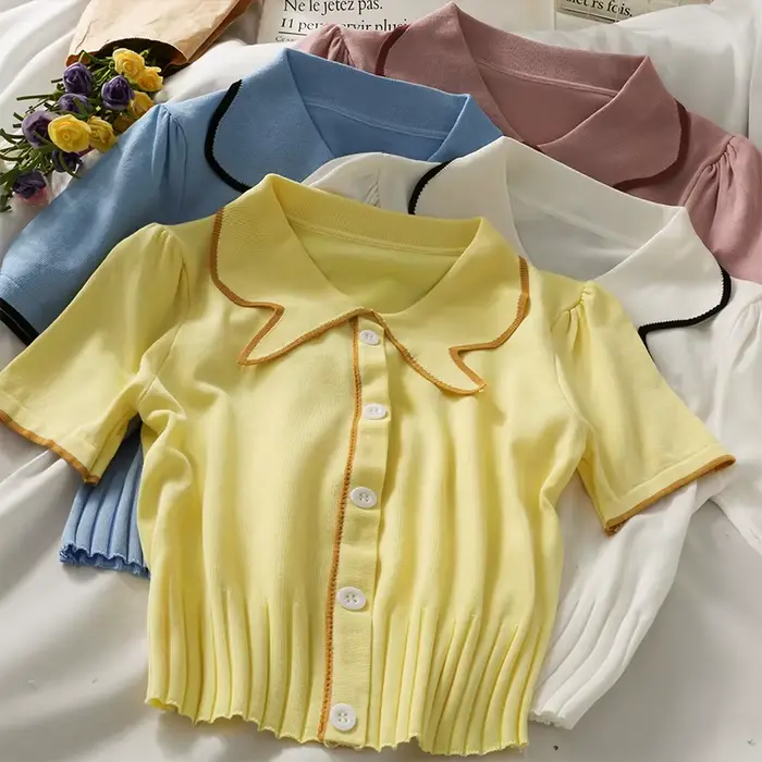 DAIZHIYUE junior krátke tričko s patchwork pre ženy štýl streetwear leto 2024 pletený polyester viskóza slim fit nafúknutý rukáv