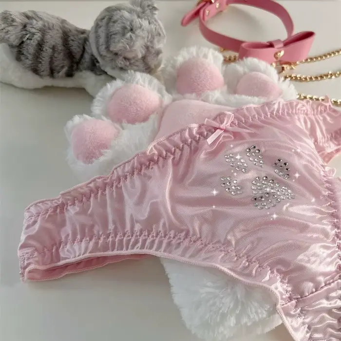 Culottes Lolita Patte de Chat Kawaii en Coton avec Strass, Strings Confortables et Doux à Volants pour Fille