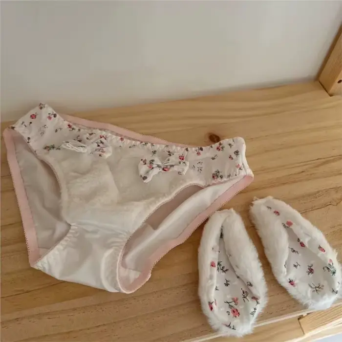 nohavičky v zamatu s králičími ušami a lukom, roztomilý, plyšový, štýl Lolita, pre ženy, mäkký, teplý, s čistým bavlneným rozkrokom, stredná veľkosť
