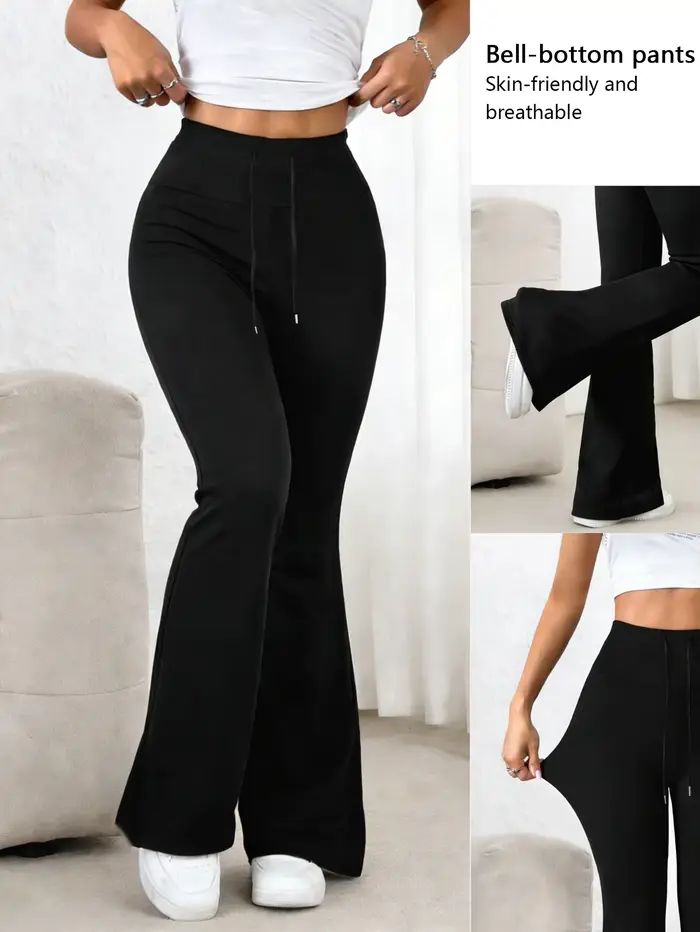 Pantalon noir taille haute à cloche pour femmes, cordon de serrage à la taille, extensible, doux pou
